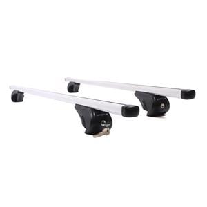 Complete set of silver aluminium roof bars for cars with raised rails, supplied with locks and keys.