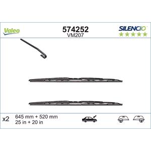 Wiper Blades, Valeo VM207 Silencio Flat Wiper Blades Front Set (645 / 520mm) for Peugeot 607, 2000 to 2012, Valeo