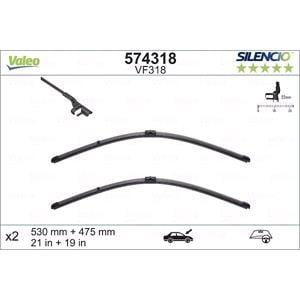 Wiper Blades, Valeo VF318 Silencio Flat Wiper Blades Front Set (530 / 475mm   Side Pin Arm Connection) for GOLF Mk IV 1997 to 2005, Valeo