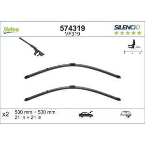 Wiper Blades, Valeo VF319 Silencio Flat Wiper Blades Front Set (530 / 530mm   Side Pin Arm Connection) for GOLF Mk IV 1997 to 2005, Valeo