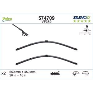 Wiper Blades, Valeo VF389 Silencio Flat Wiper Blades Front Set (650 / 450mm   Side Pin Arm Connection) for B5 2012 Onwards, Valeo