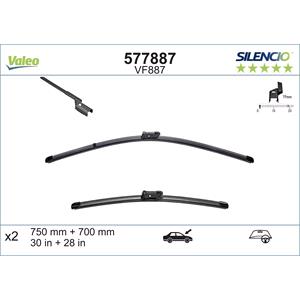 Wiper Blades, Valeo VF887 Silencio Flat Wiper Blades Front Set (750 / 700mm   Push Button Arm Connection) for TRANSIT CUSTOM Box 2012 Onwards, Valeo