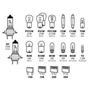 Bulbs   by Vehicle Model, Spare lamps kit 19 pcs, 1V   x H7 halogen   Opel KARL 2015 Onwards, Lampa