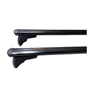 Complete set of black aluminium roof bars for cars with raised rails, supplied with locks and keys.