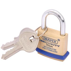 Locks and Security, Draper 64160 30mm Solid Brass Padlock and 2 Keys with Mushroom Pin Tumblers Hardened Steel Shackle and Bumper, Draper