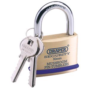 Locks and Security, Draper 64162 50mm Solid Brass Padlock and 2 Keys with Mushroom Pin Tumblers Hardened Steel Shackle and Bumper, Draper