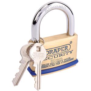 Locks and Security, Draper 64163 60mm Solid Brass Padlock and 2 Keys with Mushroom Pin Tumblers Hardened Steel Shackle and Bumper, Draper