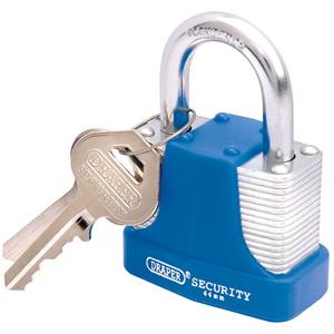 Locks and Security, Draper 64183 65mm Laminated Steel Padlock and 2 Keys with Hardened Steel Shackle and Bumper, Draper