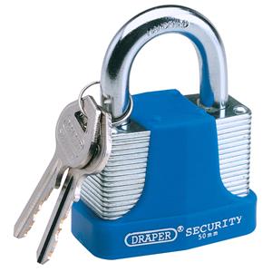 Locks and Security, Draper 64182 50mm Laminated Steel Padlock and 2 Keys with Hardened Steel Shackle and Bumper, Draper