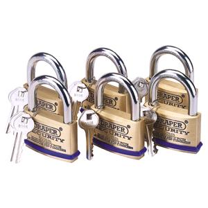 Locks and Security, Draper 67663 Pack of 6 x 60mm Solid Brass Padlocks with Hardened Steel Shackle, Draper
