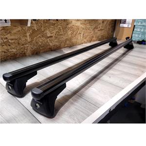 Complete set of black aluminium roof bars for cars with raised rails, supplied with locks and keys.