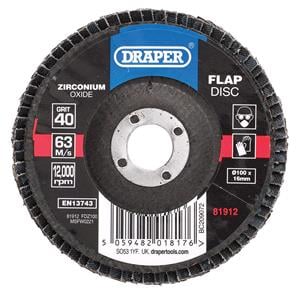 Disc Flaps, Draper 81912 Zirconium Oxide Flap Disc, 100 x 16mm, 40 Grit, Draper