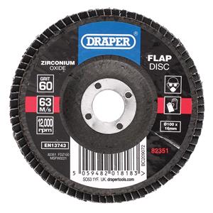 Disc Flaps, Draper 82351 Zirconium Oxide Flap Disc, 100 x 16mm, 60 Grit, Draper