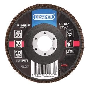 Disc Flaps, Draper 82360 Aluminium Oxide Flap Disc, 115 x 22.23mm, 60 Grit, Draper