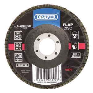 Disc Flaps, Draper 82870 Aluminium Oxide Flap Disc, 115 x 22.23mm, 80 Grit, Draper