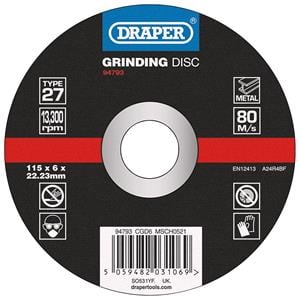 Cutting Wheels, Draper 94793 DPC Metal Grinding Disc, 115 x 6 x 22.23mm, Draper