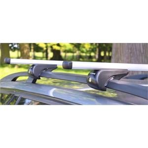 Complete set of silver aluminium roof bars for cars with raised rails, supplied with locks and keys.