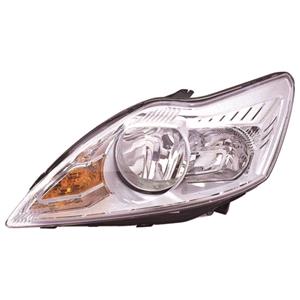 Lights, Left Headlamp (With Chrome Bezel, Halogen, Takes H7 / H1 Bulbs, Supplied With Motor, Original Equipment) for Ford FOCUS II Saloon 2008 2011, 