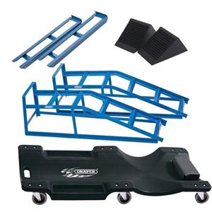 Car Jack Kits, Draper RAMPKIT DIY Mechanic Car Ramp Kit, Inc. 2 Tonne Ramps, Extenders, Wheel Chocks & Creeper, Draper