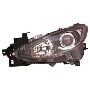 Lights, Left Headlamp (Halogen, Takes H11 / H15 Bulbs, Black Bezel, Supplied Without Motor) for Mazda 3  , 