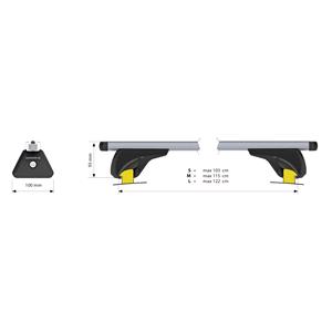Complete set of silver aluminium roof bars for cars with solid integrated rails, supplied with locks and keys.