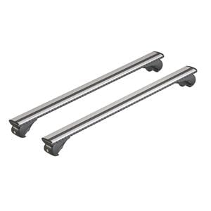 Complete set of silver aluminium roof bars for cars with raised rails, supplied with locks and keys.