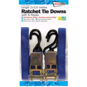 Travel and Touring, Ratchet Tie Down S Hooks   3.5m   Pack Of 2, Streetwize