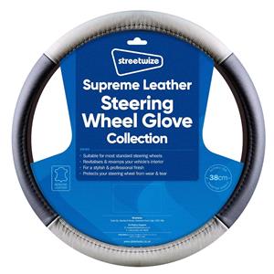 Steering Wheel Covers, Genuine Leather Steering Wheel Cover   38cm   Black and Grey, Streetwize