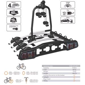 Steinhof Veturo 4 Silver Tow Bar Mounted Bike Rack (Wheel Support) for 4 Bikes