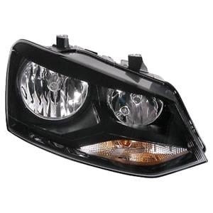 Lights, Right Headlamp (Halogen, Takes H7 / H7 Bulbs, Black Bezel, Twin Round Reflectors, Supplied With Motor, Original Equipment) for Volkswagen Polo 2014 on, 