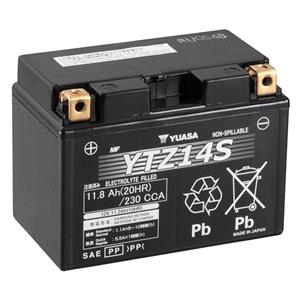 Motorcycle Batteries, Yuasa Motorcycle Battery   YTZ High Performance YTZ14S 12V Battery, Wet Charged, Contains 1 Battery, Acid Filled and Charged, YUASA