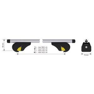 Complete set of black aluminium roof bars for cars with raised rails, supplied with locks and keys.